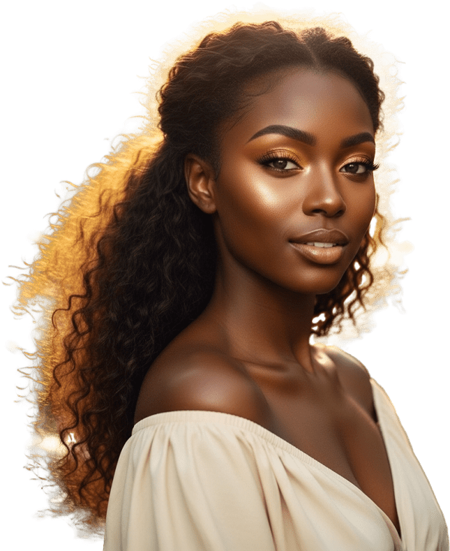 A woman with curly hair illuminated from behind, wearing an off-shoulder top, showcasing melanin-focused vegan cosmetics by Siol Beauty.