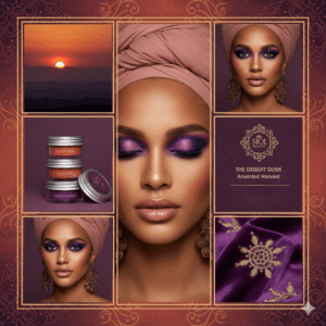 Collage featuring a sunset, a woman in a turban with vibrant purple makeup, beauty products, and ornate fabric, showcasing an elegant, warm-toned vegan eyeshadow aesthetic.