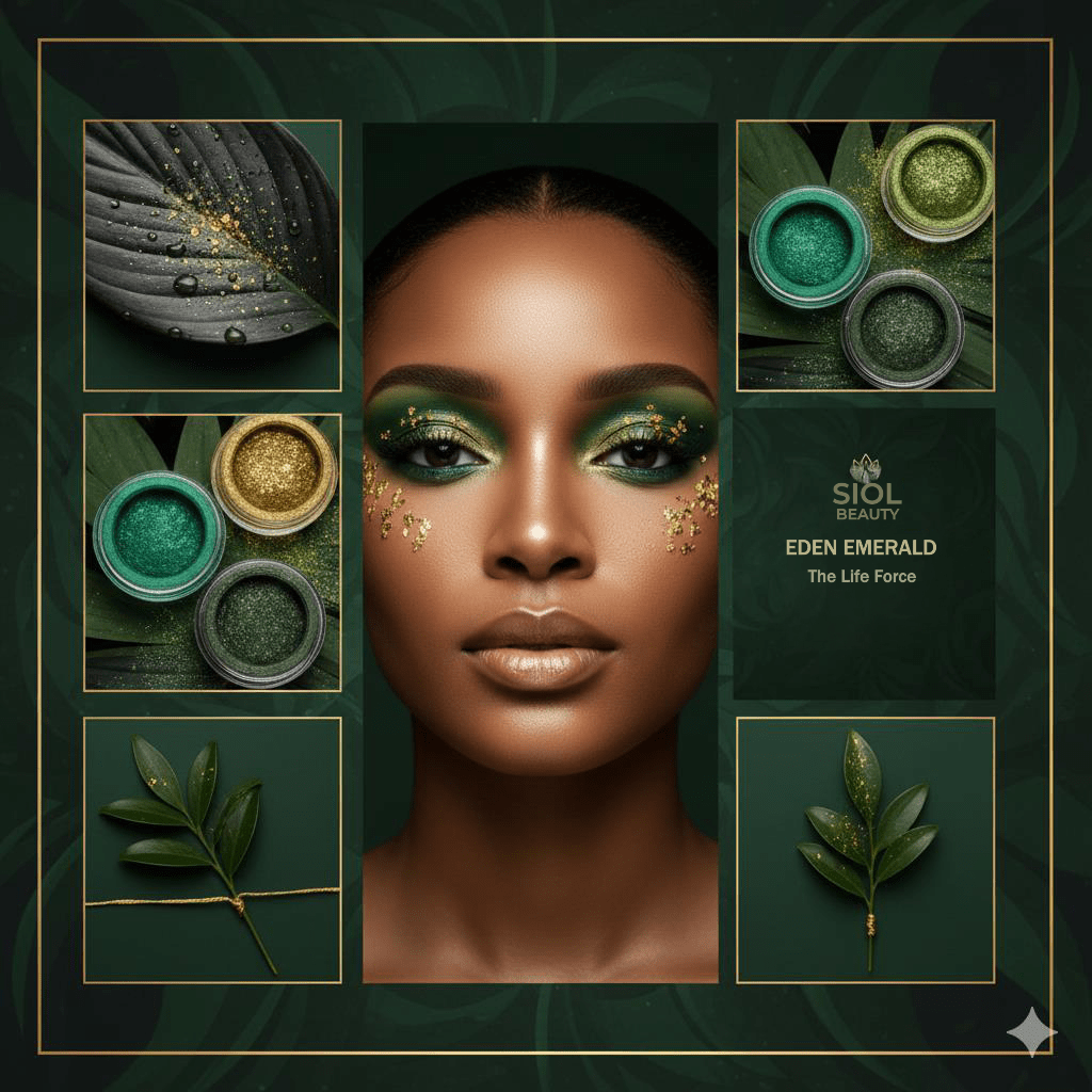 A woman with emerald green eye makeup adorned with gold accents, surrounded by green and gold eye shadows, foliage, and a dark leaf with gold flecks, highlighting a luxurious vegan eyeshadow look.