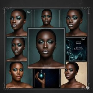 A collage featuring a woman with radiant skin and shimmering green and silver eye makeup in a close-up portrait, with additional angles and a hand holding a blue orb; text reads “Siol Living Water Spiritual Refreshment,” capturing an elegant, mystical vegan eyeshadow theme.