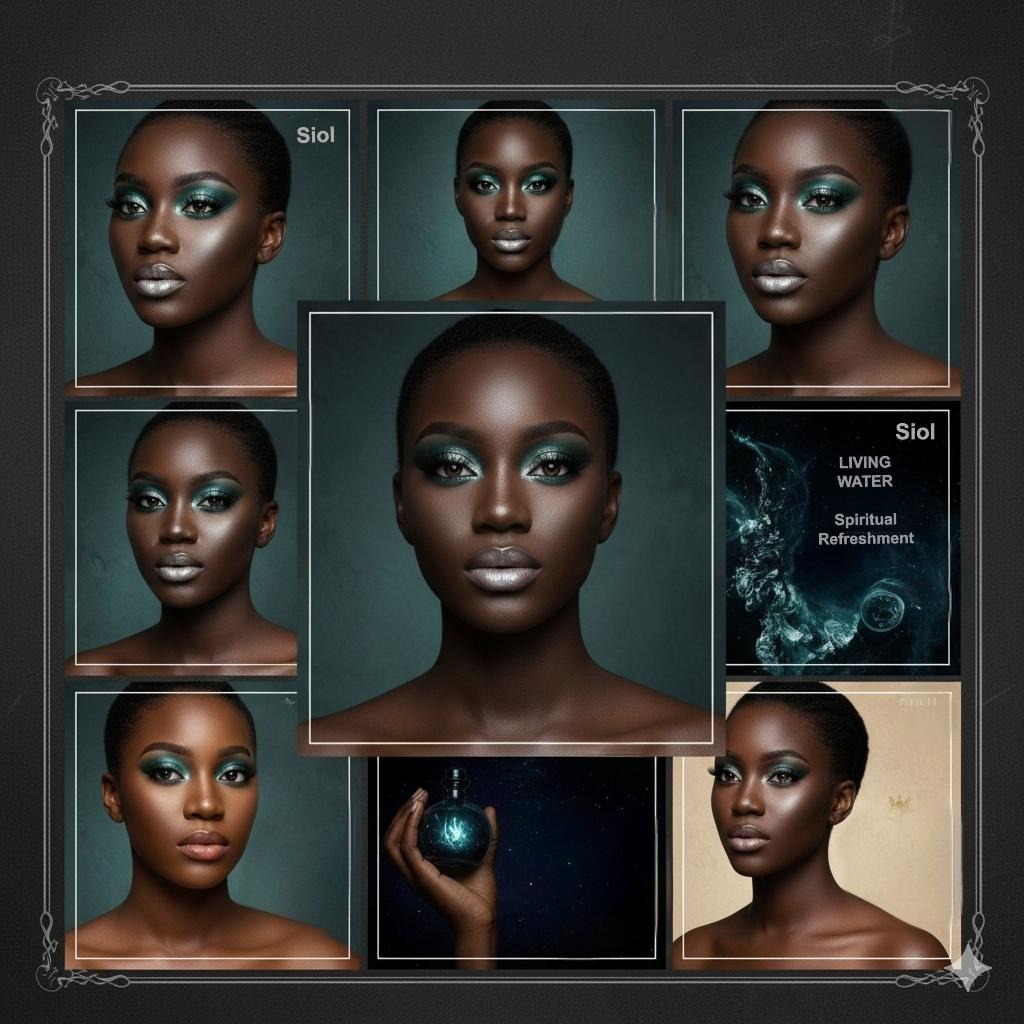 A collage featuring a woman with radiant skin and shimmering green and silver eye makeup in a close-up portrait, with additional angles and a hand holding a blue orb; text reads “Siol Living Water Spiritual Refreshment,” capturing an elegant, mystical vegan eyeshadow theme.