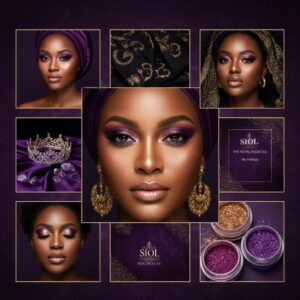 Collage featuring a regal woman in purple and gold makeup with elegant earrings, surrounded by a crown, fabric, glitter pots, and “SIOL Beauty” branding, evoking a luxurious, royal feel for a vegan eyeshadow collection.