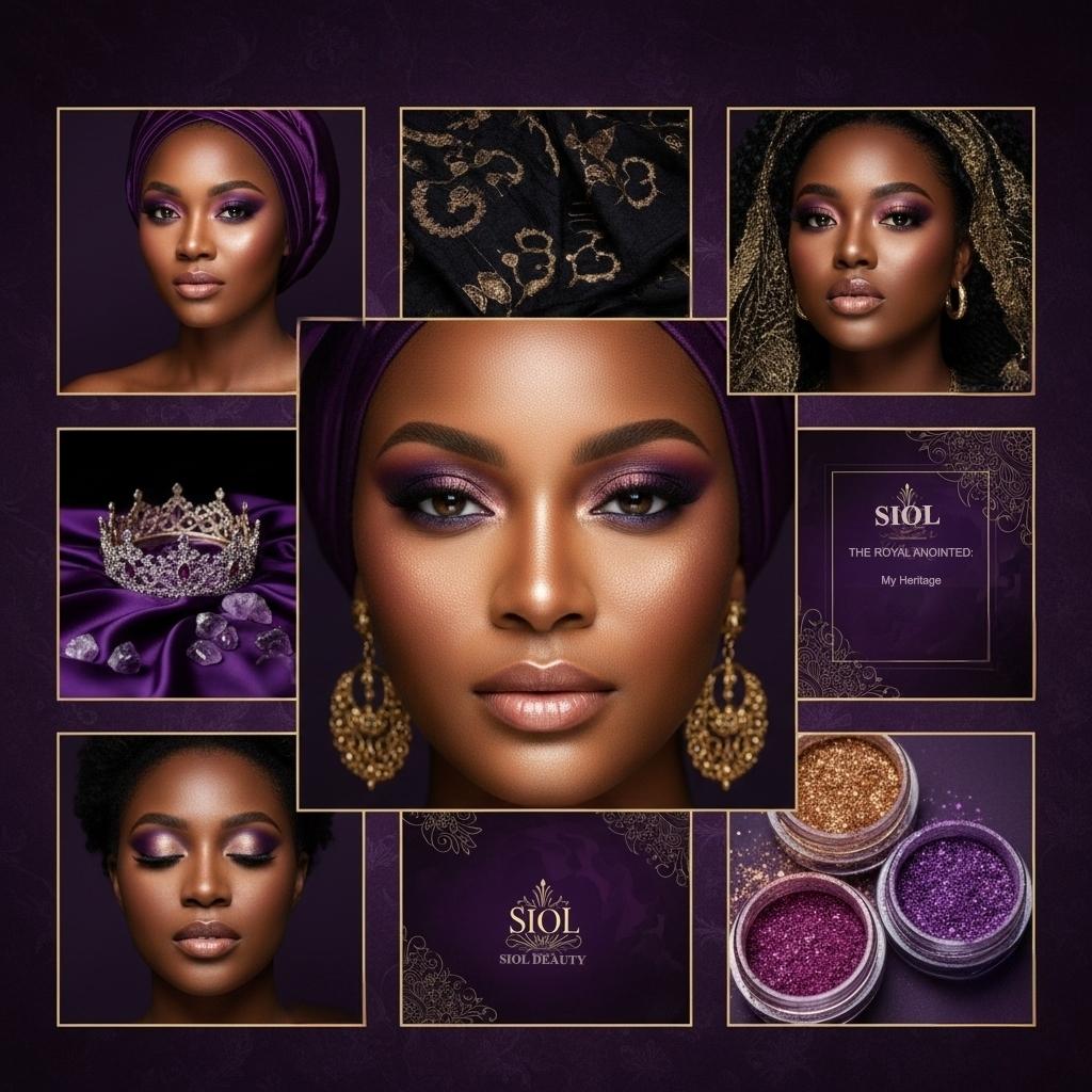 Collage featuring a regal woman in purple and gold makeup with elegant earrings, surrounded by a crown, fabric, glitter pots, and “SIOL Beauty” branding, evoking a luxurious, royal feel for a vegan eyeshadow collection.