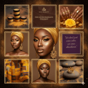 A collage showcasing luxurious skincare, featuring a woman in a golden headwrap and earrings, with radiant makeup. Includes products, a golden rose, a crown on stones, and the quote "We don't just wear color; we wear abundance." Earthy tones convey opulence.