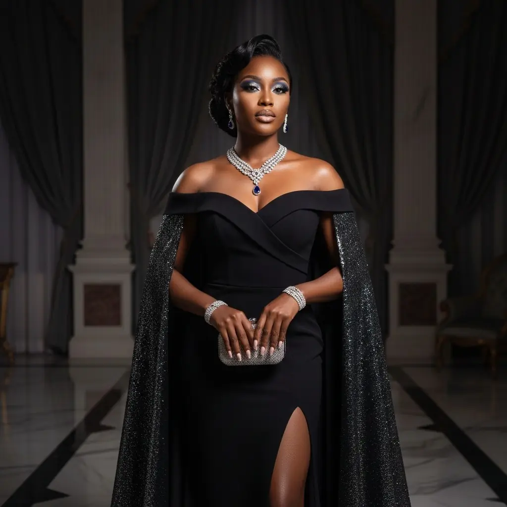 Elegant woman in an opulent setting, wearing a glamorous off-shoulder black gown with sparkling jewelry, holding a clutch. The mood is sophisticated.