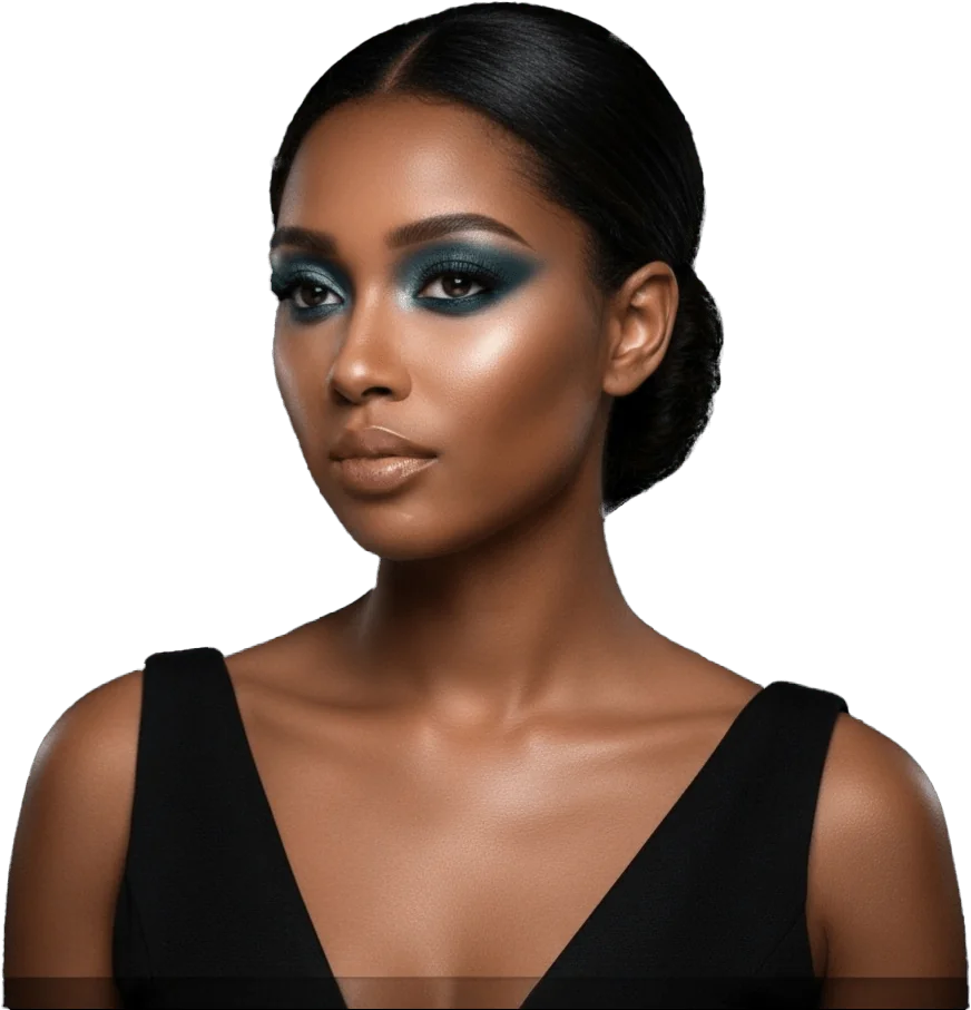 A woman in a black dress poses for a photoshoot, flexing dramatic teal eyeshadow and smooth, glowing skin, showcasing the most pigmented eyeshadow from Siol Beauty.