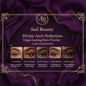 Alt text: "Siol Beauty Divine Arch Perfection brow powder product display on deep purple silk background. Five brow shades shown: Desert Song, Forest Whisper, Earth's Embrace, Twilight Shadow, Obsidian Night. Elegant, luxurious design."