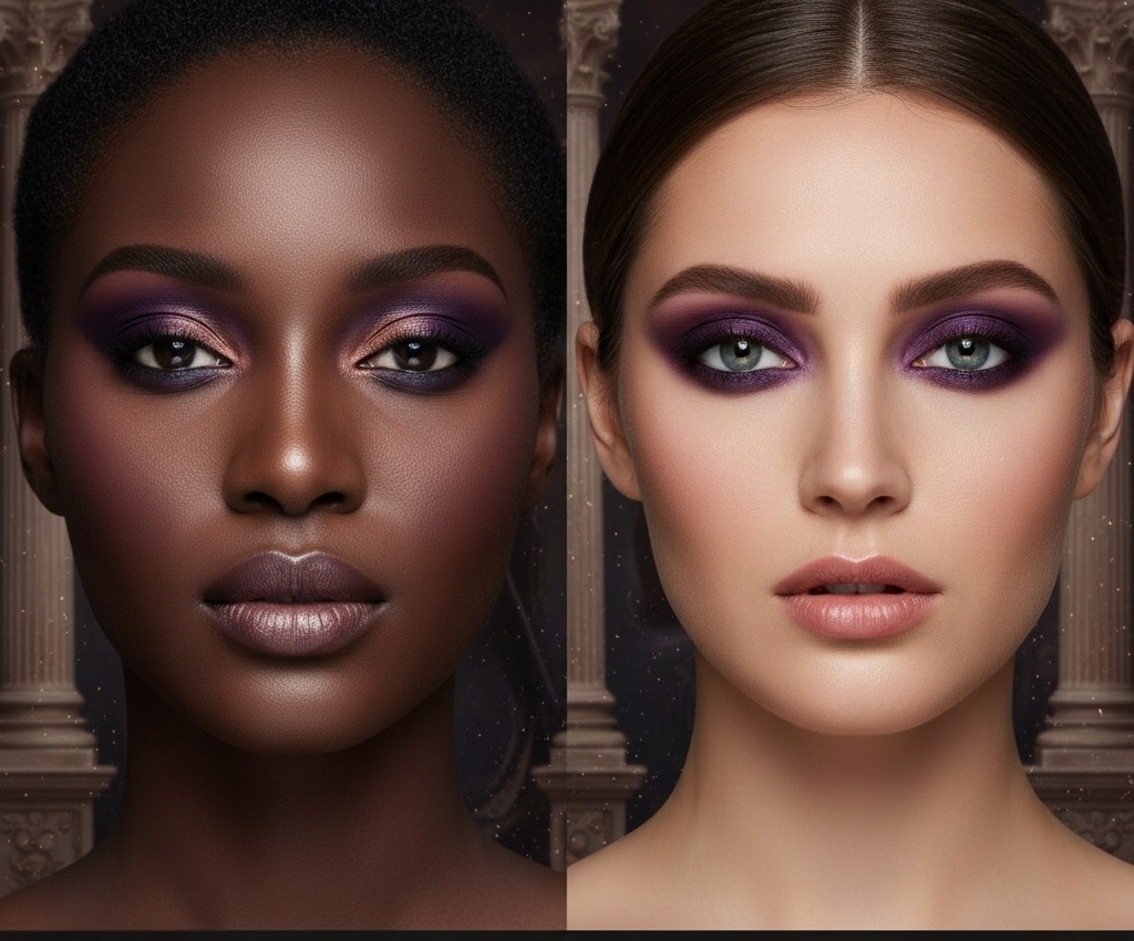 Two confident women with striking purple eye makeup stand against a backdrop of classical columns and a starry sky, representing melanin-focused vegan cosmetics from Siol Beauty.