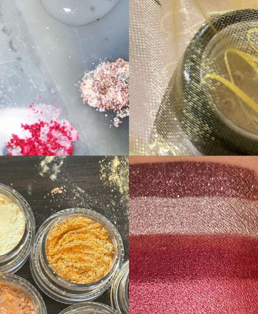 Color collage of loose powder eyeshadows by Siol Beauty displaying vibrant pigment variations and tones.