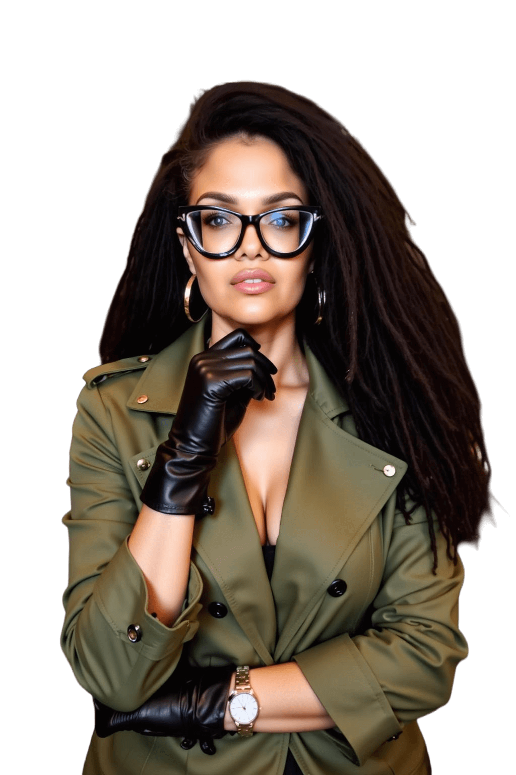 A woman with braided hair wearing an army green long suit and gloves, sporting cat-eye glasses, representing Siol Beauty with the most pigmented eyeshadow.